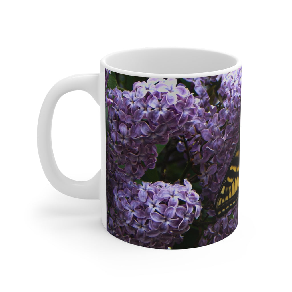 Butterfly & Lilac Ceramic Mug — Yellow Swallowtail on Purple Flowers, Nature Coffee Cup