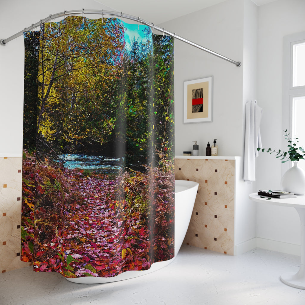 Autumn Forest Shower Curtain — Scenic Fall Leaves River Bathroom Decor