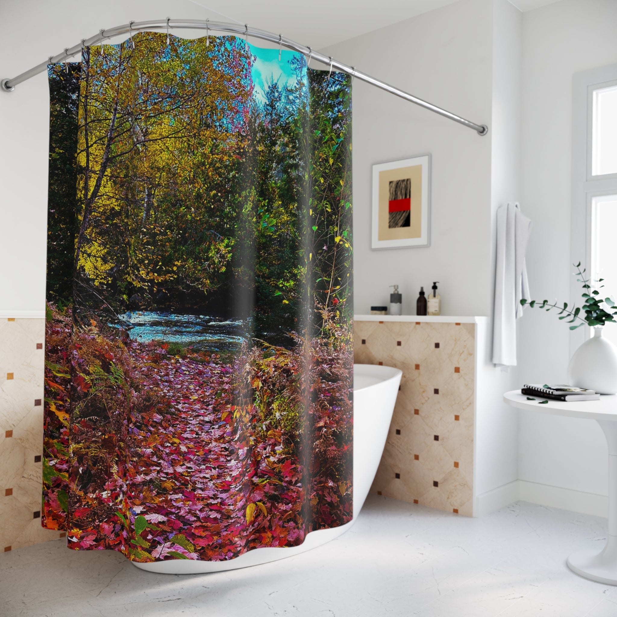 Autumn Forest Shower Curtain — Scenic Fall Leaves River Bathroom Decor