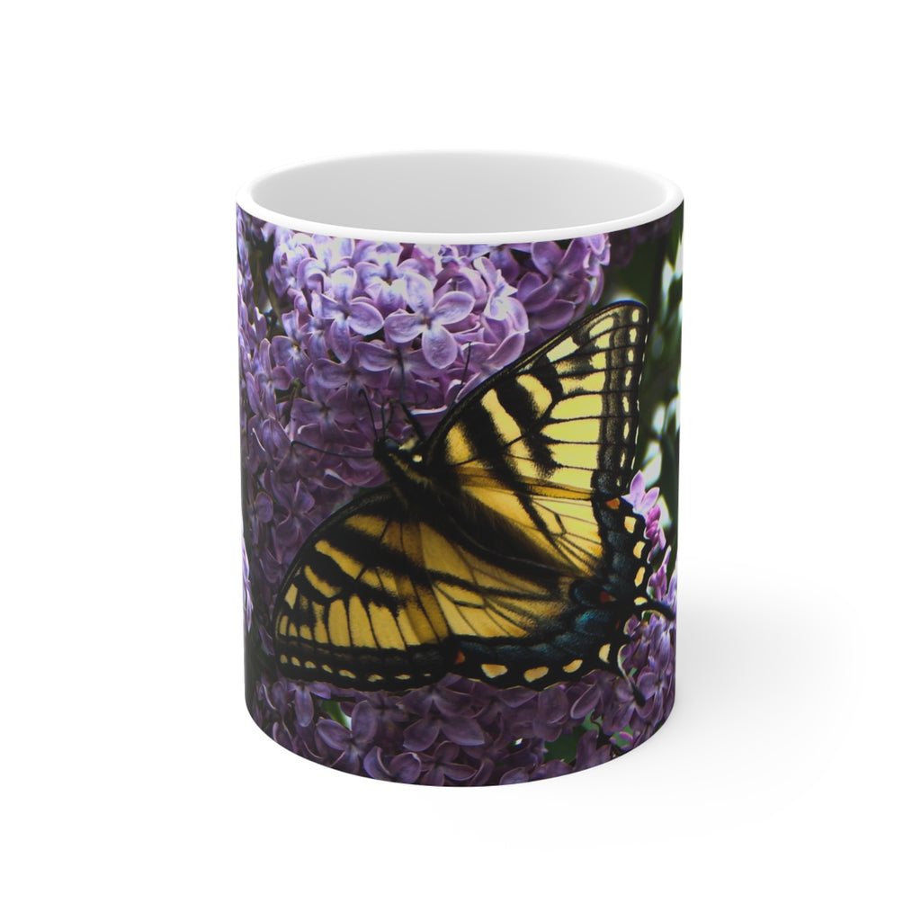 Butterfly & Lilac Ceramic Mug — Yellow Swallowtail on Purple Flowers, Nature Coffee Cup