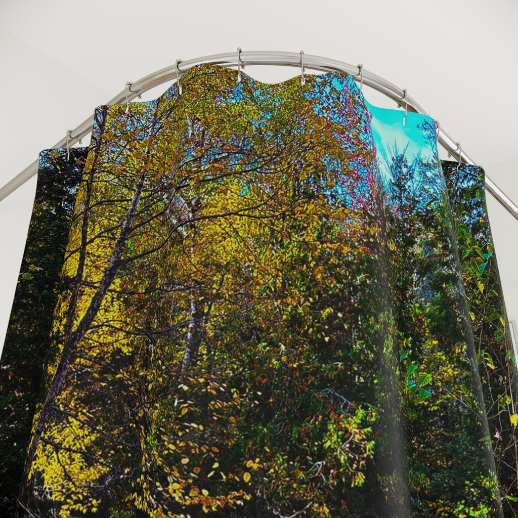 Autumn Forest Shower Curtain — Scenic Fall Leaves River Bathroom Decor