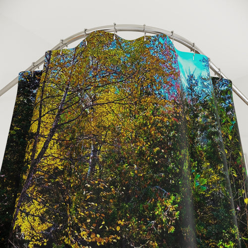 Autumn Forest Shower Curtain — Scenic Fall Leaves River Bathroom Decor