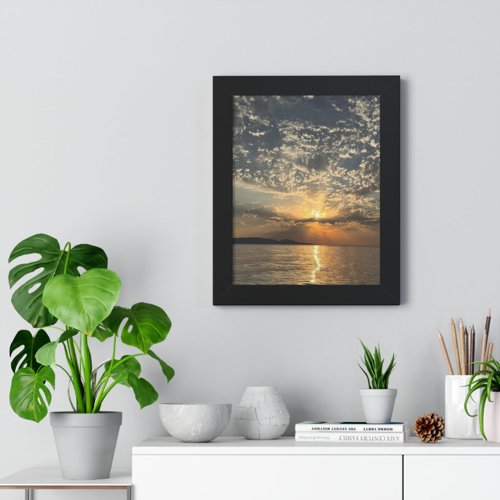 Framed Vertical Poster - Golden Sunset Over Calm Sea (Coastal Wall Art)