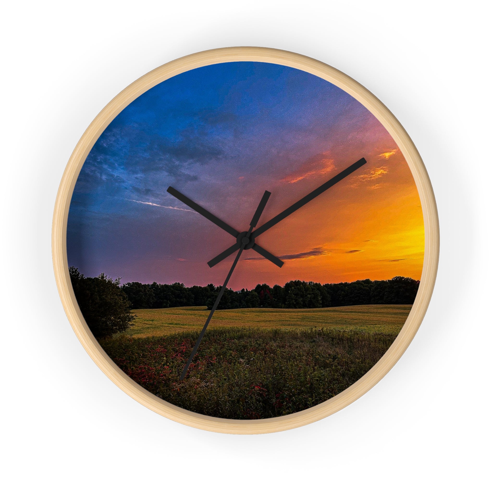 Sunset Meadow Wall Clock — Rustic Landscape Home Decor