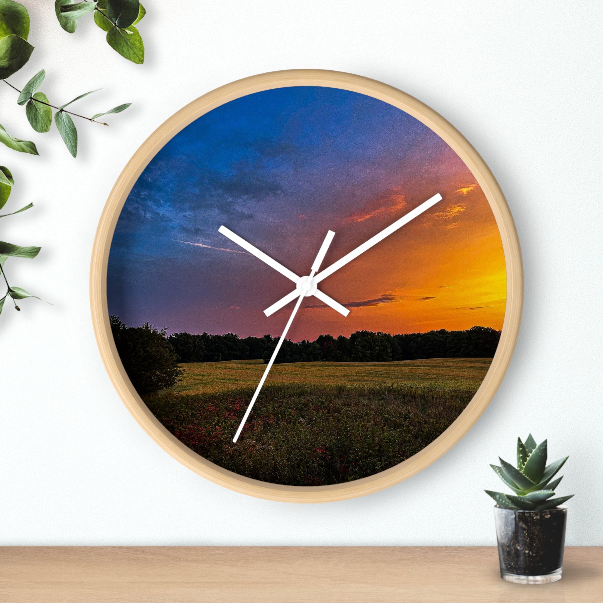 Sunset Meadow Wall Clock — Rustic Landscape Home Decor