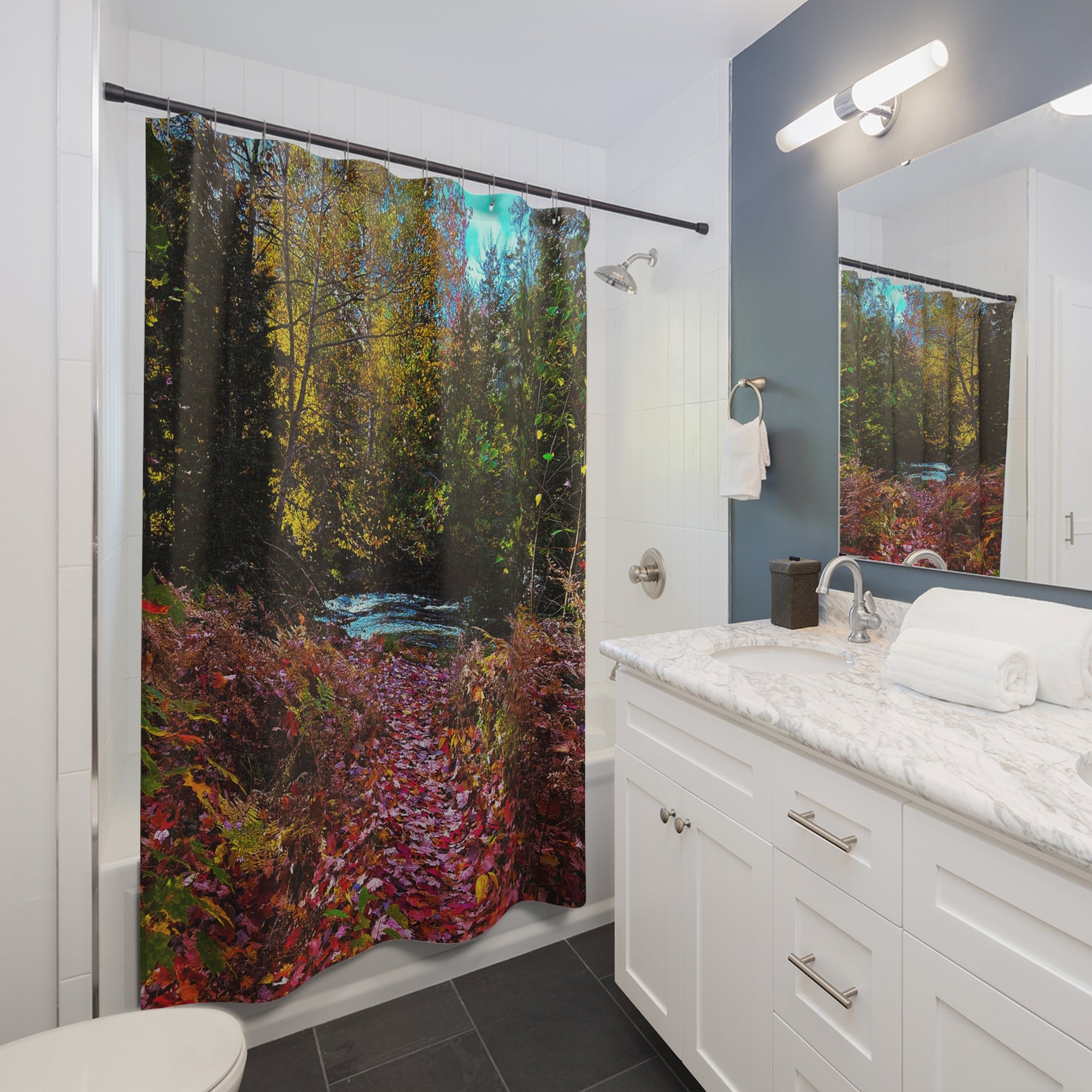 Autumn Forest Shower Curtain — Scenic Fall Leaves River Bathroom Decor