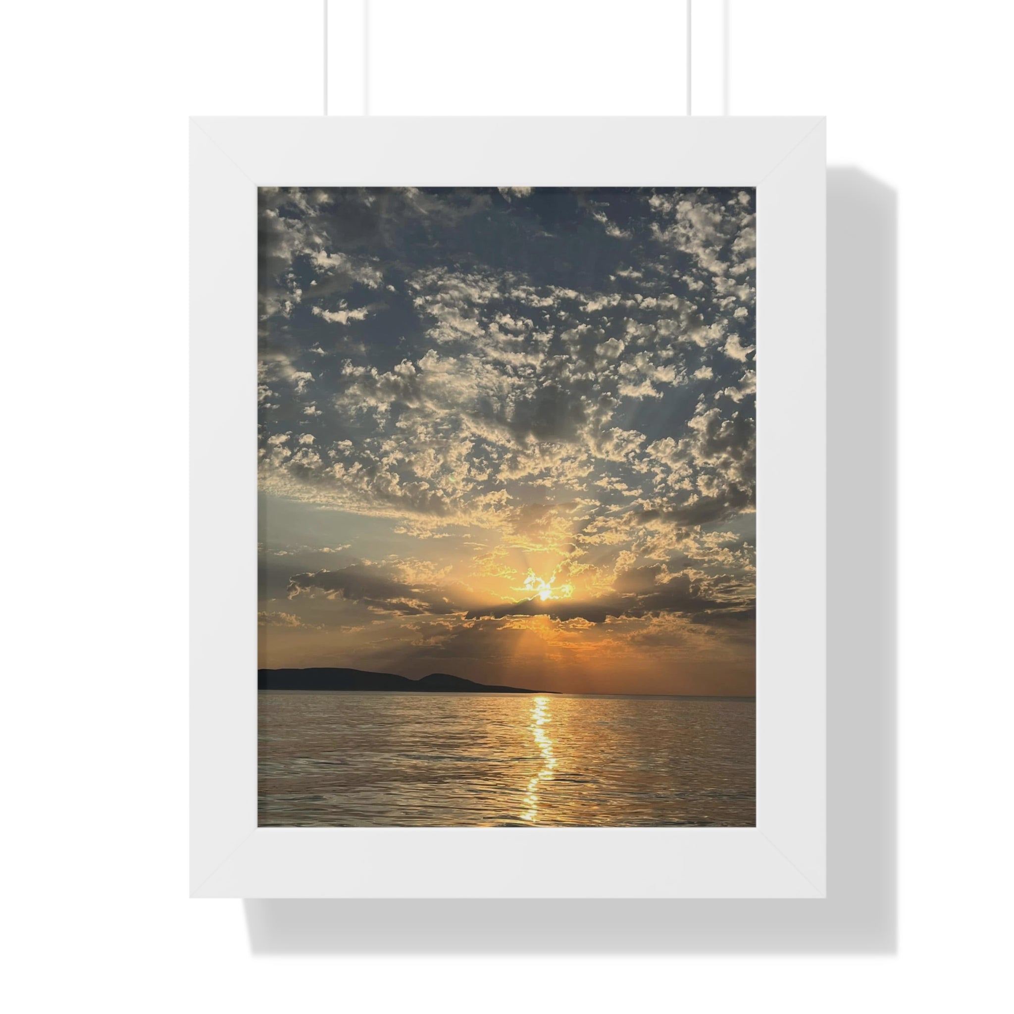 Framed Vertical Poster - Golden Sunset Over Calm Sea (Coastal Wall Art)