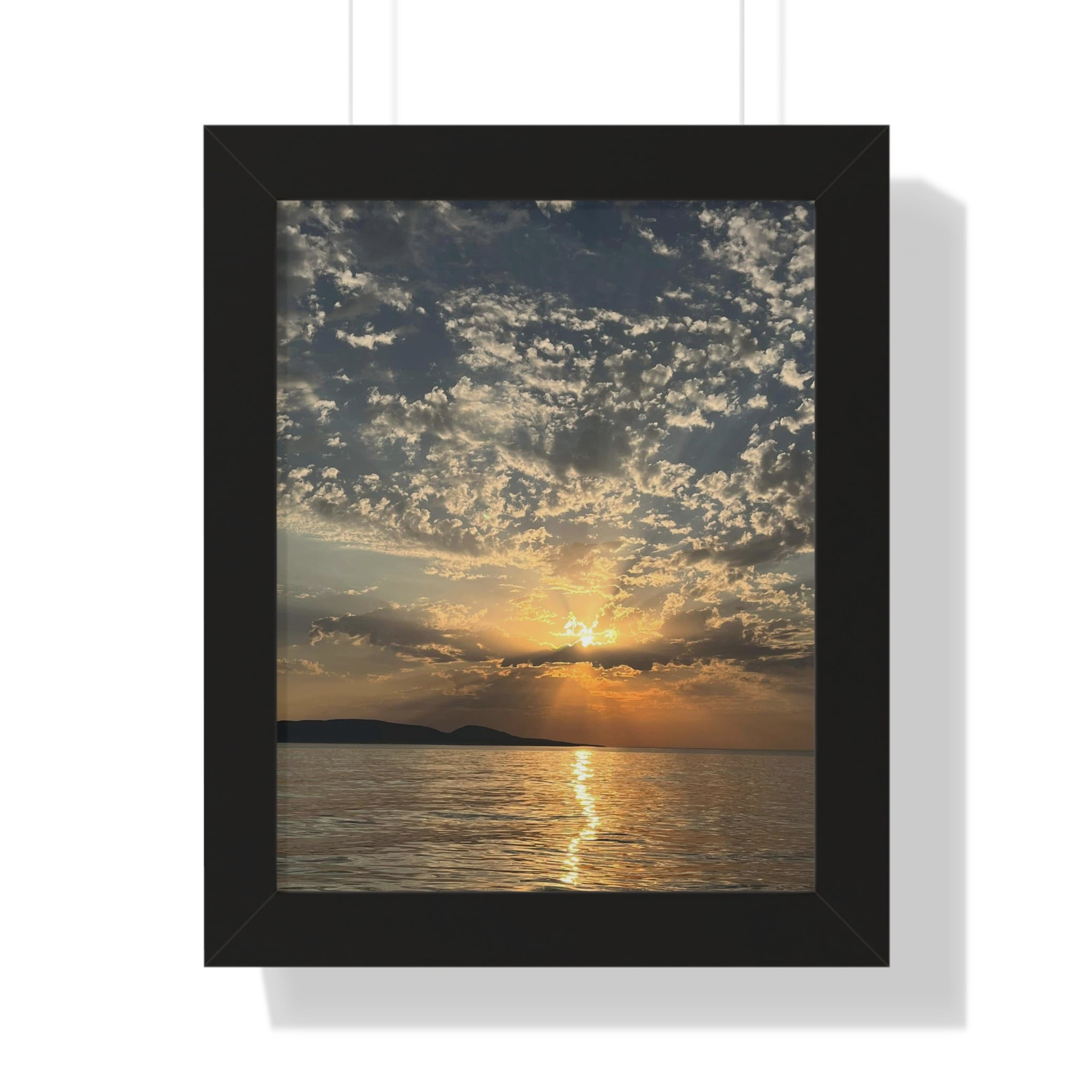 Framed Vertical Poster - Golden Sunset Over Calm Sea (Coastal Wall Art)