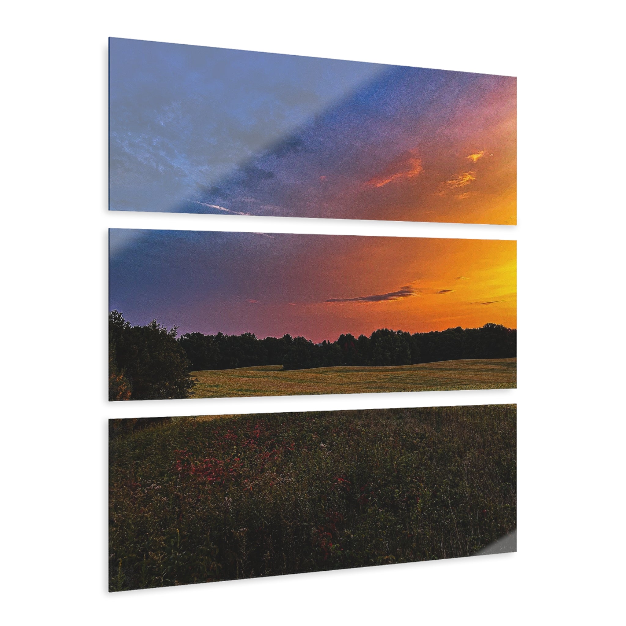 Sunset Field Triptych Acrylic Print — 3-Panel Wall Art