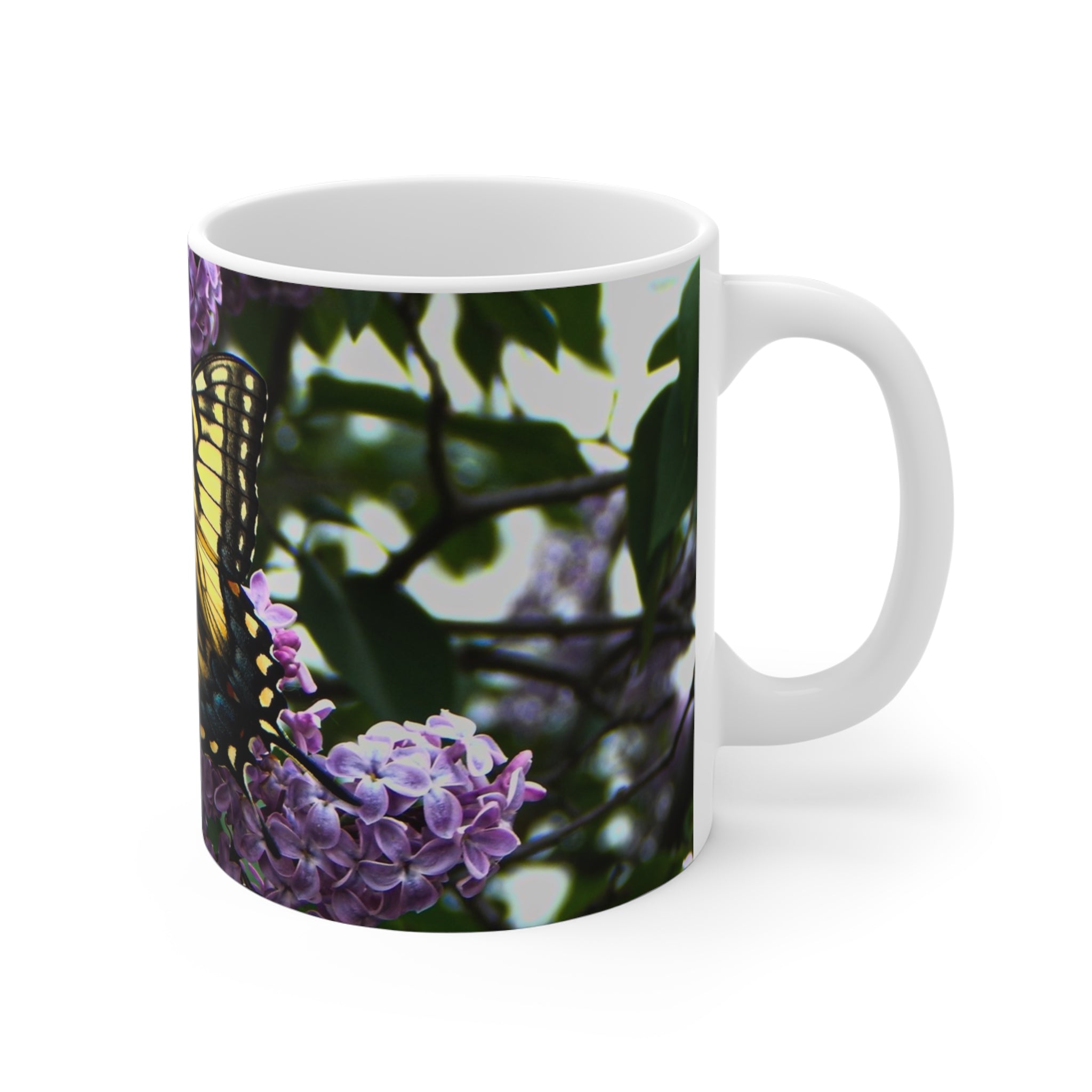 Butterfly & Lilac Ceramic Mug — Yellow Swallowtail on Purple Flowers, Nature Coffee Cup