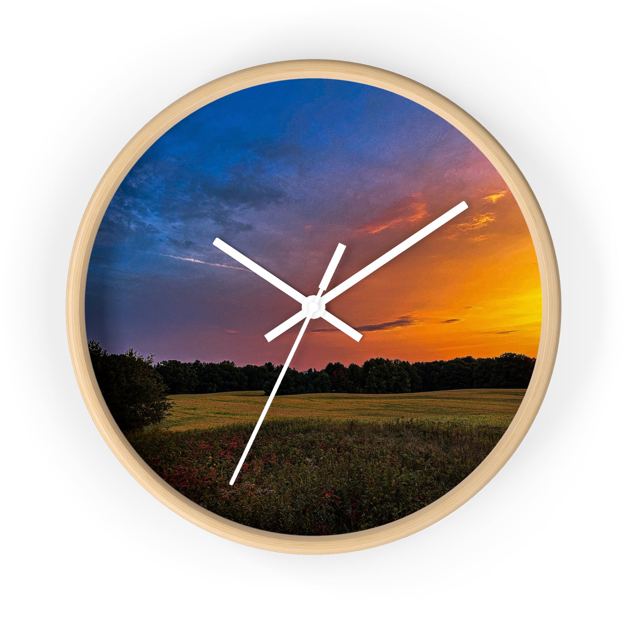 Sunset Meadow Wall Clock — Rustic Landscape Home Decor