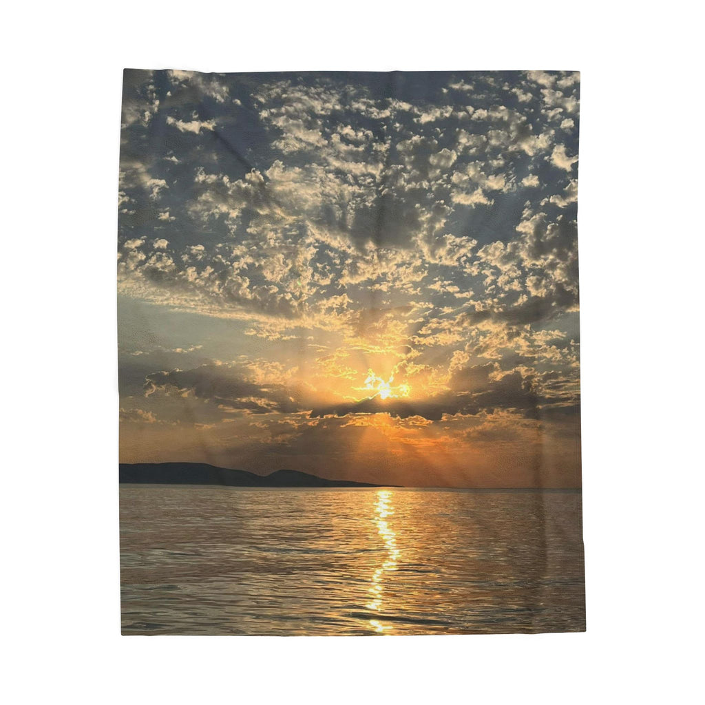Sunset Over Water Velveteen Plush Blanket — Coastal Sunrise Photo Throw