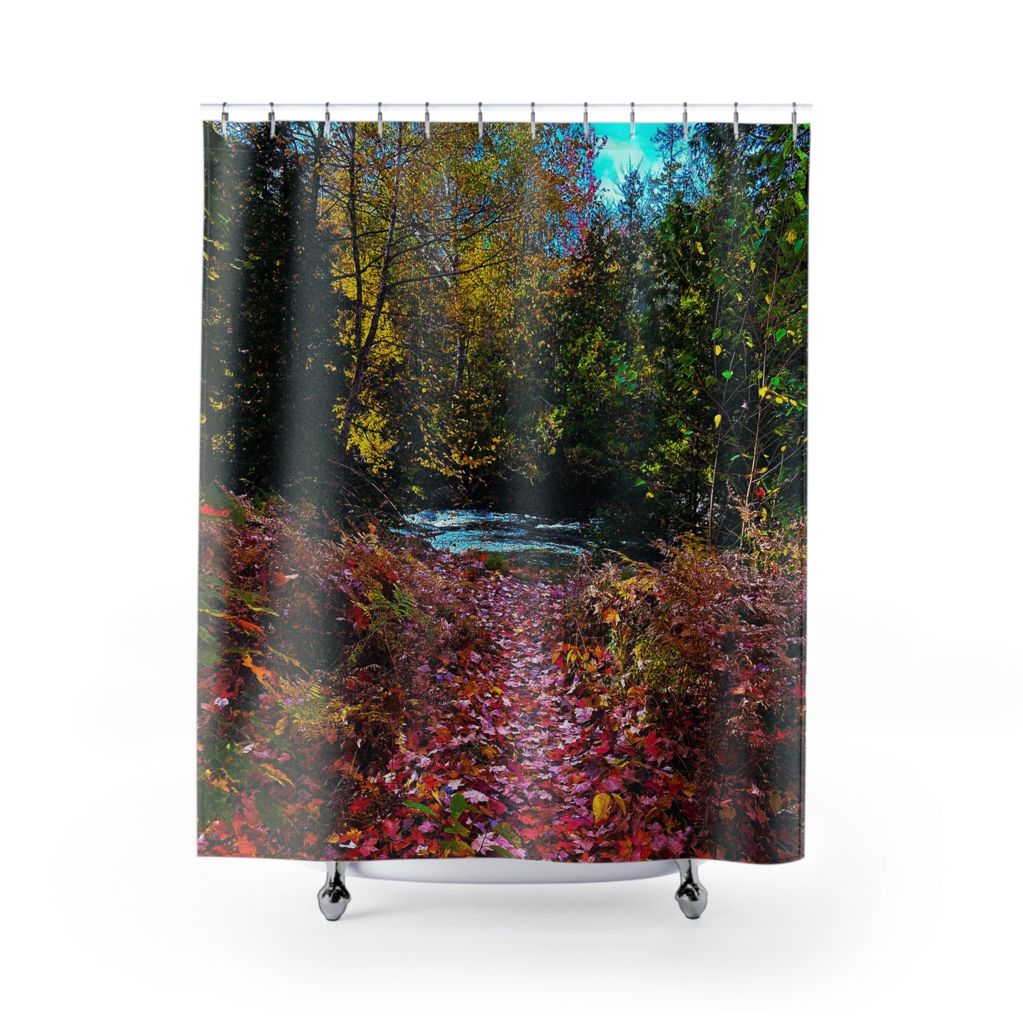 Autumn Forest Shower Curtain — Scenic Fall Leaves River Bathroom Decor