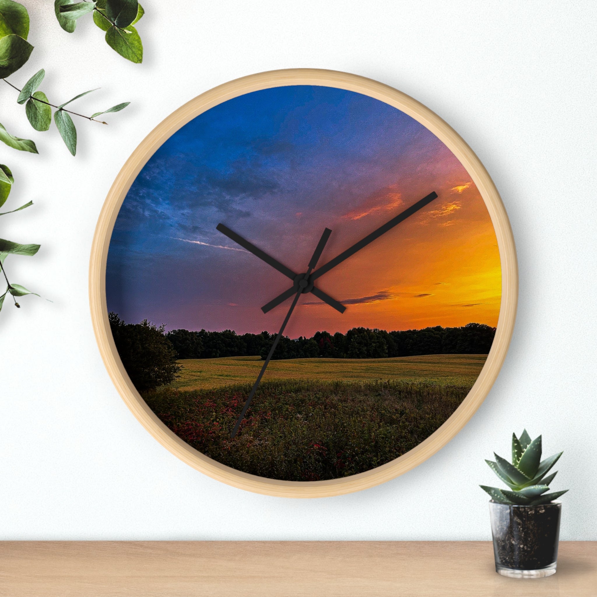 Sunset Meadow Wall Clock — Rustic Landscape Home Decor