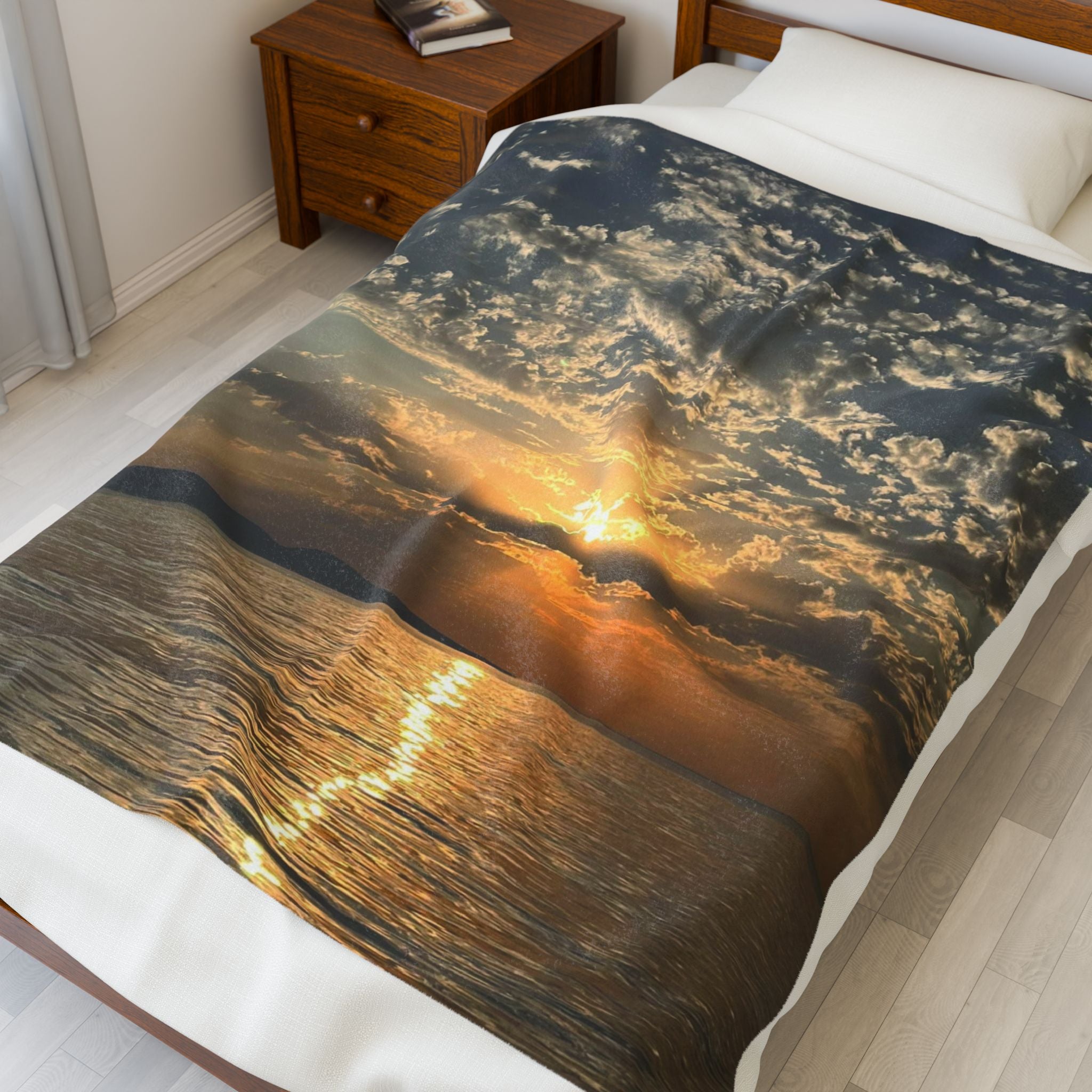 Sunset Over Water Velveteen Plush Blanket — Coastal Sunrise Photo Throw