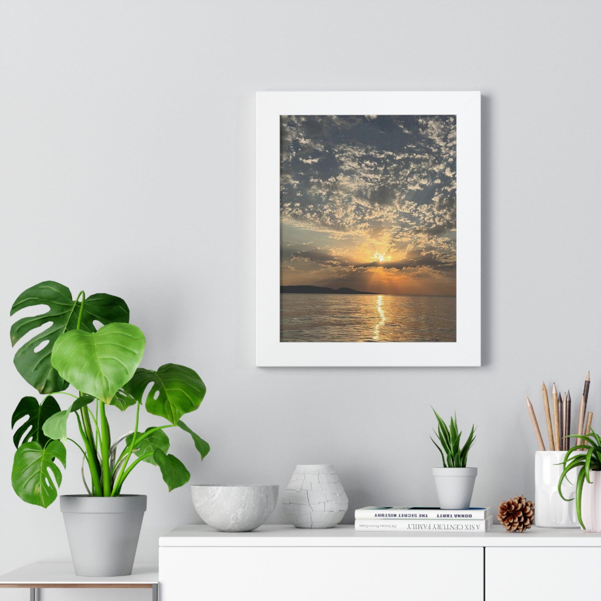 Framed Vertical Poster - Golden Sunset Over Calm Sea (Coastal Wall Art)