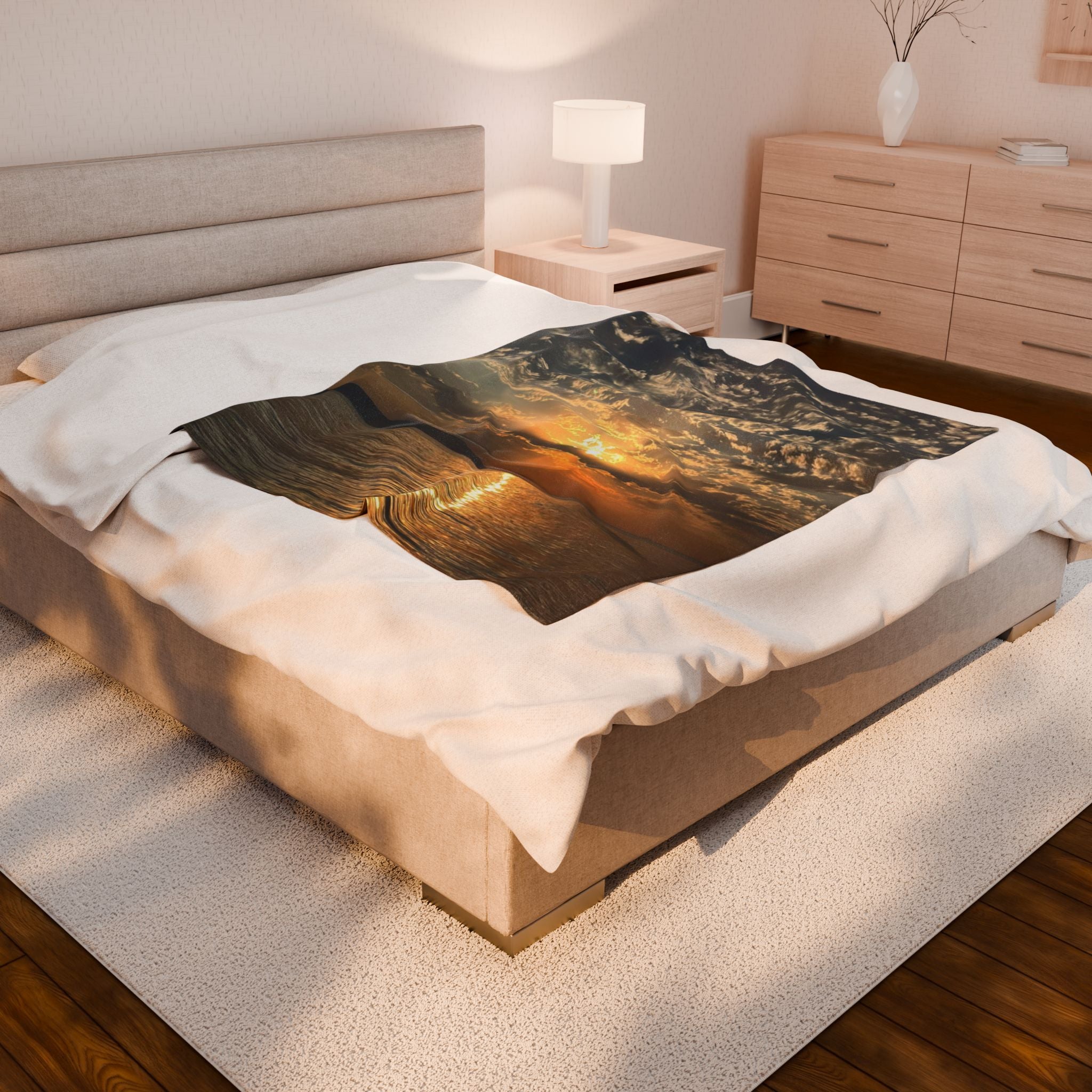 Sunset Over Water Velveteen Plush Blanket — Coastal Sunrise Photo Throw