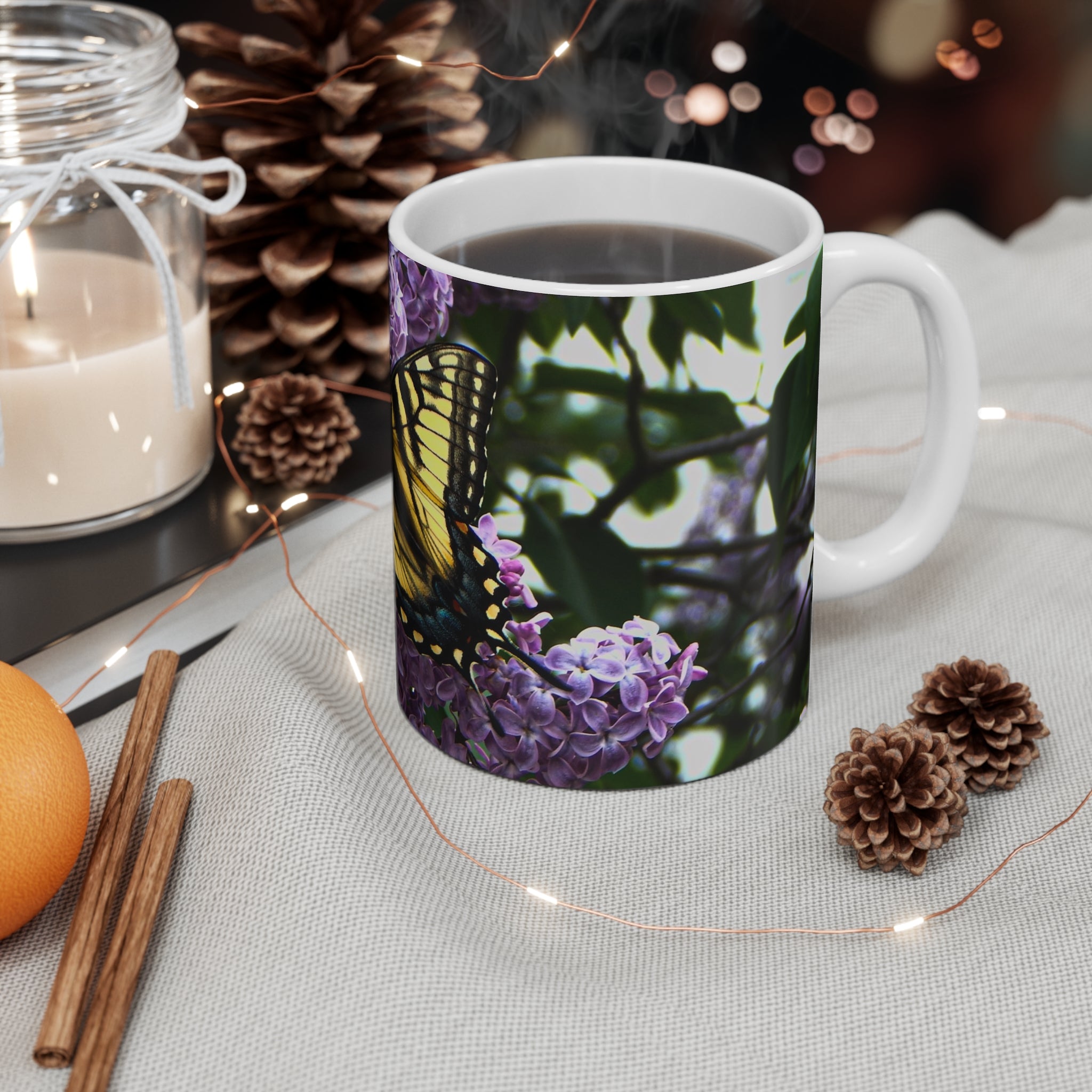 Butterfly & Lilac Ceramic Mug — Yellow Swallowtail on Purple Flowers, Nature Coffee Cup