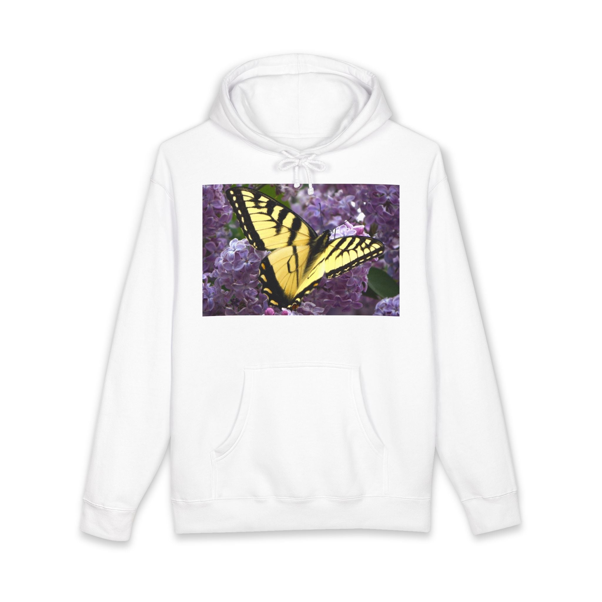 Butterfly Hoodie — Yellow Swallowtail on Purple Floral Background